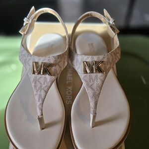 Michael Kors Women's Beige MK Logo T-Strap Sandals